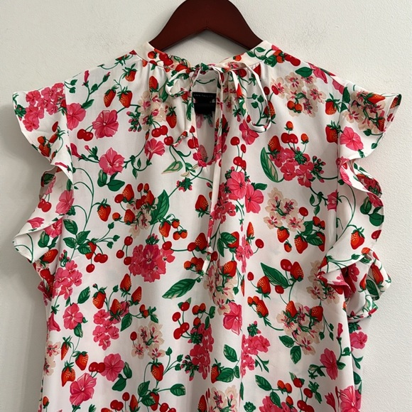 Ann Taylor strawberries, cherries, Floral Ruffle Sleeve Tie Neck Shell top - Picture 6 of 7